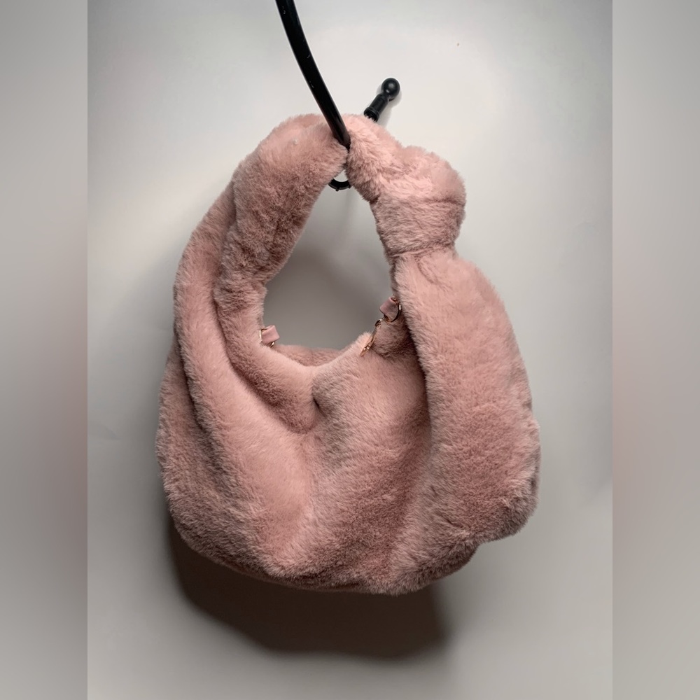 Pink/Salmon furry clutch purse with chain